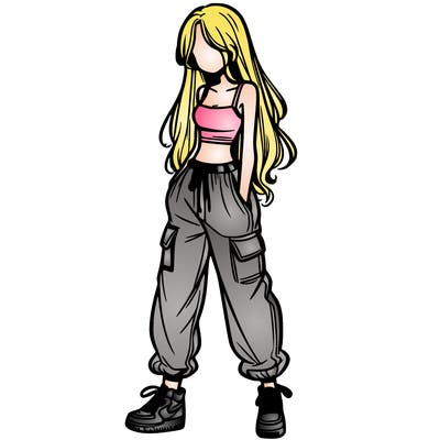 girl in baggy pants crop top and long hair