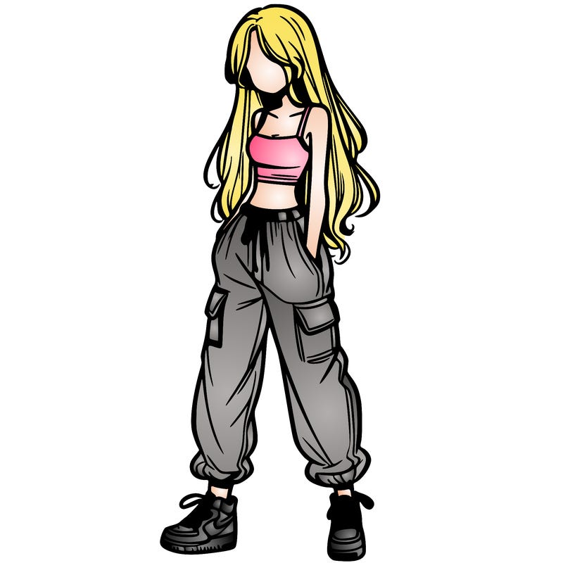 girl in baggy pants crop top and long hair