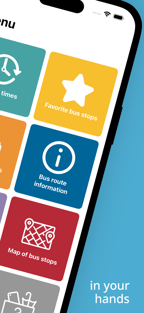 TUS - Santander buses - Menú principal de la aplicación móvil TUS Santander buses que muestra iconos para paradas favoritas información de rutas de autobús y mapa de paradas de autobús