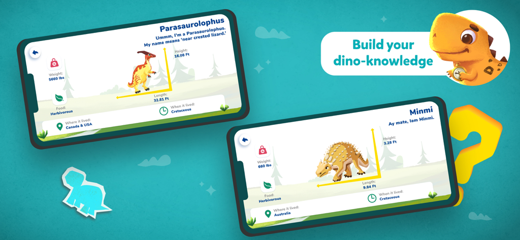 Orboot Dinos AR by PlayShifu - 아이들을 위한 상세한 공룡 사실 및 통계를 보여주는 Orboot Dinos AR 앱의 두 가지 모바일 화면