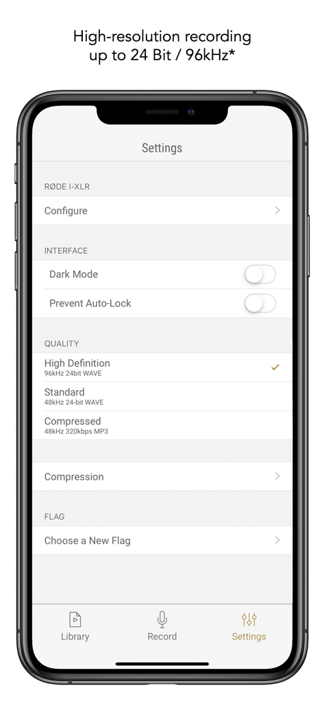 The RØDE Reporter app settings menu displaying high resolution 24-bit audio recording options and interface controls.