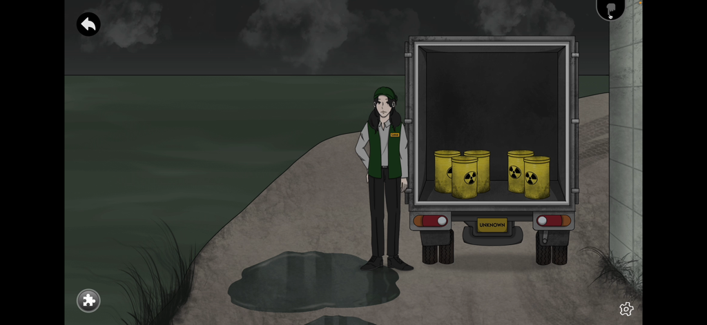 Unknown - Foggins - A character standing next to an open truck containing yellow radioactive barrels in the mystery game Unknown Foggins