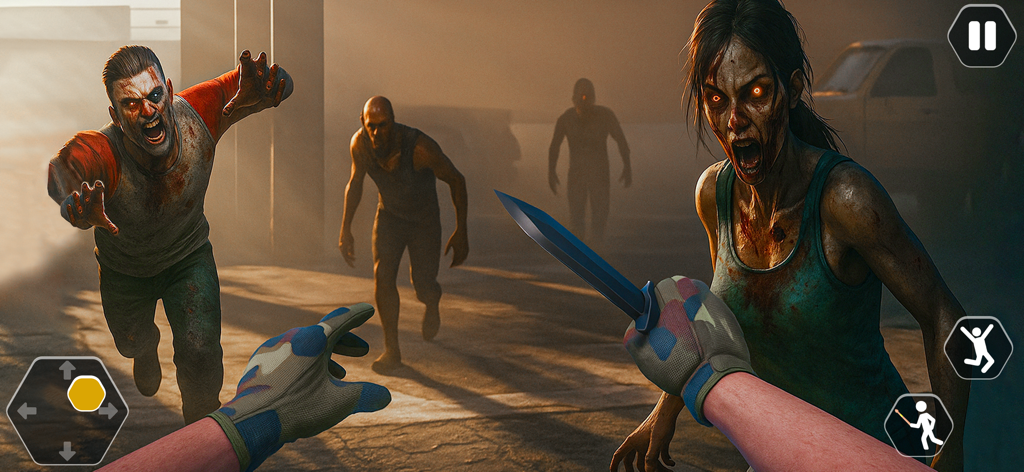 The Silent Stalker SpringNight - First person view of a player confronting zombies with a knife in a survival horror game