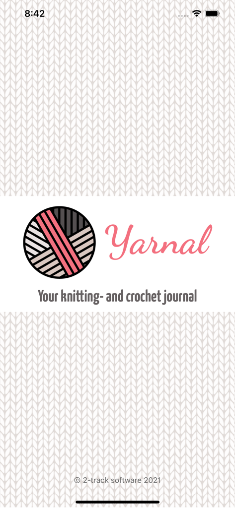 Yarnal - Knitting & Crochet - Yarnal app splash screen featuring a yarn ball logo and the text your knitting and crochet journal on a knitted pattern background