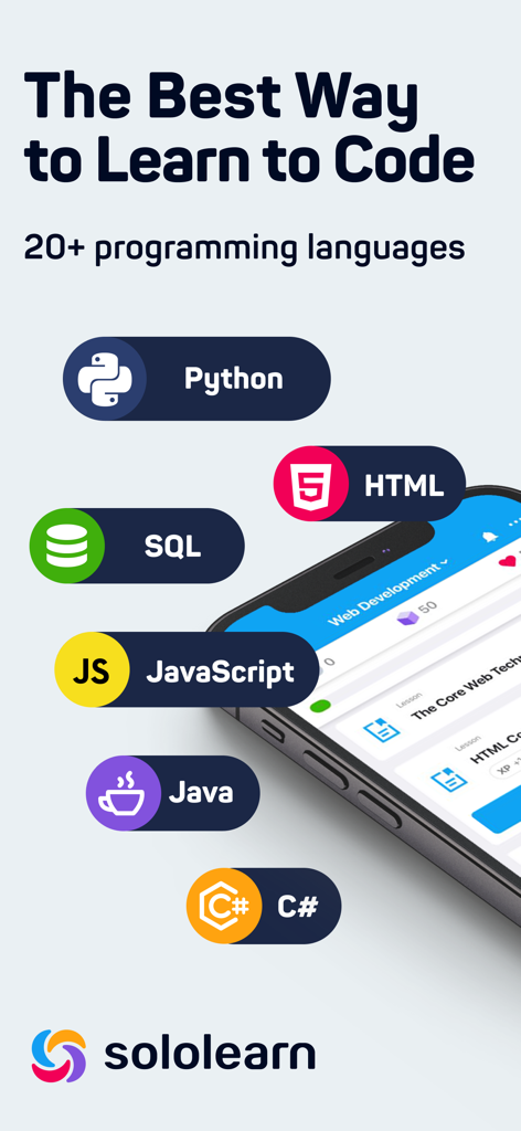 Sololearn mobile app screen showing courses for Python, HTML, SQL, JavaScript, Java, and C#.