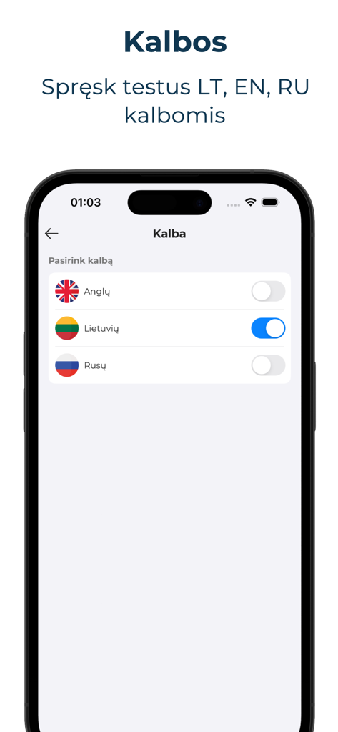 KET bilietai 2026 - Autostart - Schermata di selezione della lingua dell'app Autostart che mostra le opzioni lituano, inglese e russo per i test di guida