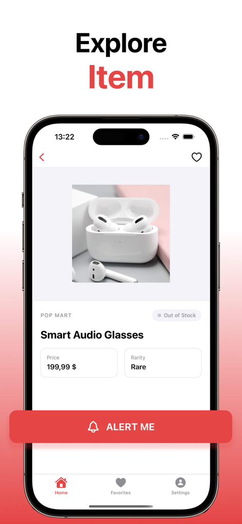 In Stock Alert - Mobile app interface of In Stock Alert showing a product page for an out of stock item with a large red alert me button for push notifications