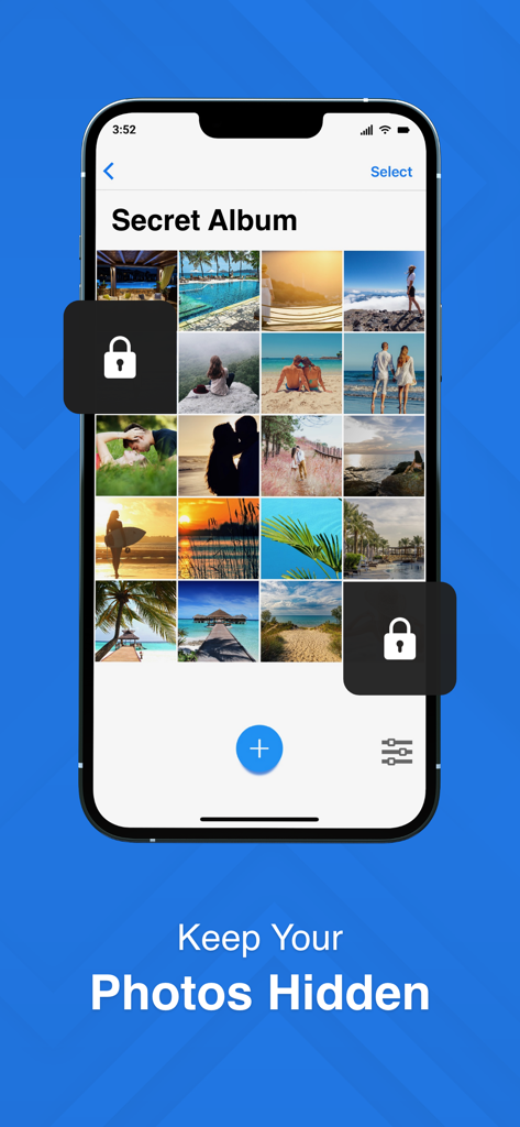 Secret Photo Vault - Hide Pics - iPhone screen displaying a secret photo album with lock icons and a keep your photos hidden caption
