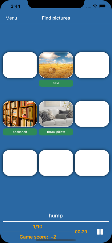 Brain and memory training Pro - Un jeu de reconnaissance visuelle appelé Trouver des images dans l'application Brain and memory training Pro montrant une grille de tuiles d'images.