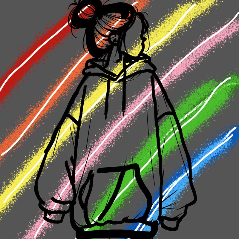realistic girl with a oversized sweatshirt on and a bun