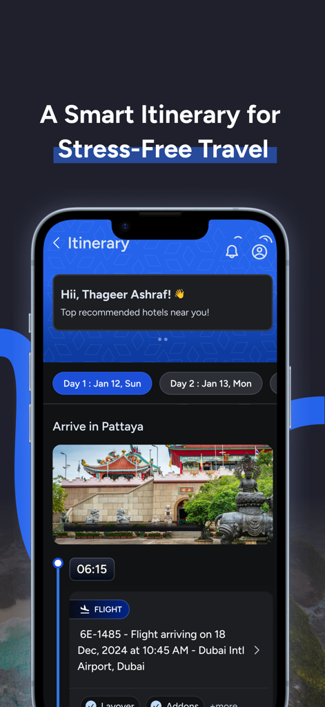 YourHoliday - YourHoliday app interface displaying a smart day-by-day travel itinerary with flight details and arrival instructions.