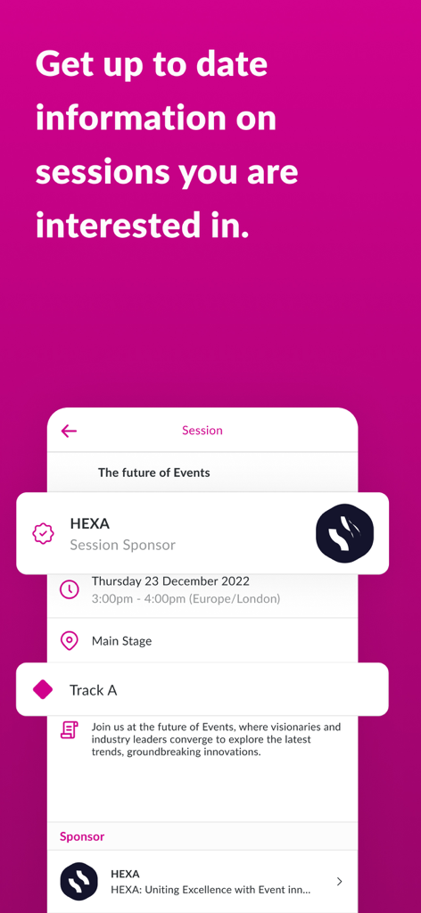 Interface do aplicativo DTECH Events mostrando informações abrangentes da sessão, incluindo local da agenda e detalhes do patrocinador.