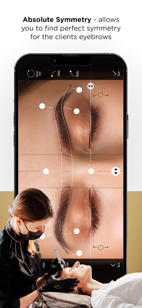 PhiApp - PhiApp mobile interface showing the absolute symmetry tool for precise eyebrow mapping in permanent makeup