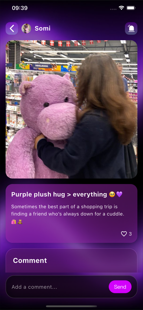 Trend - Discover, Share & Chat - A user hugging a giant purple plush hippo in a store shared on the Trend app