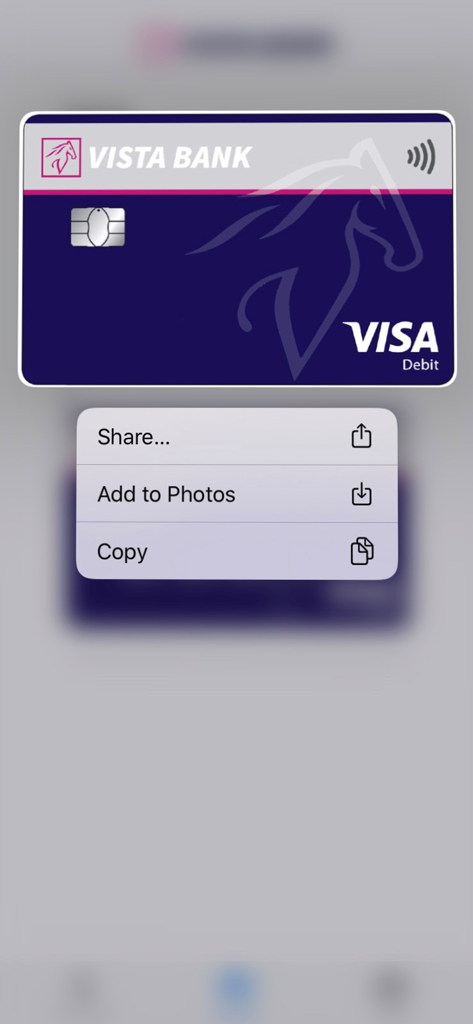 Vista Bank Visa Debit card displayed in the 3D Secure mobile app with a context menu for share and copy options