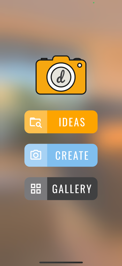 dittoed - Menu principal do aplicativo dittoed com botões Ideias Criar e Galeria