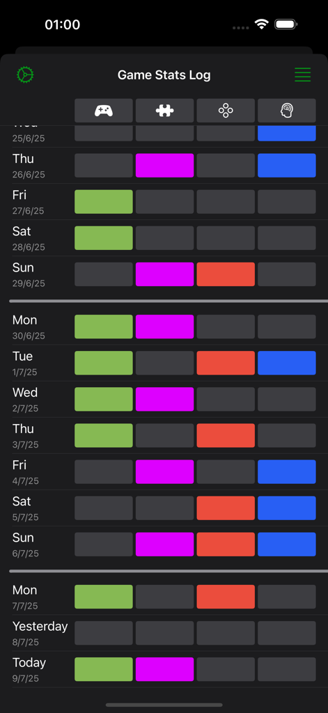 XBX - Play Remote for Gamepad - Pantalla de registro de estadísticas de juego de XBX que presenta un calendario visual con actividad codificada por colores para diferentes categorías de juego.