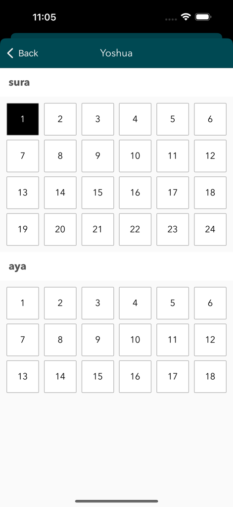 Biblia Takatifu - Interface de sélection des chapitres et des versets dans l'application Biblia Takatifu (Bible Swahili)