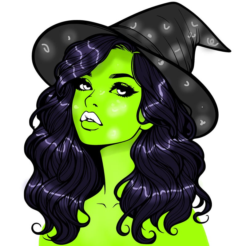 realistic witch girl with wavy hair and lips
