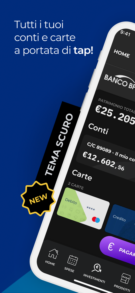 YouApp - Banco BPM - Interface de l'écran d'accueil de Banco BPM YouApp en mode sombre affichant le total des actifs et des comptes