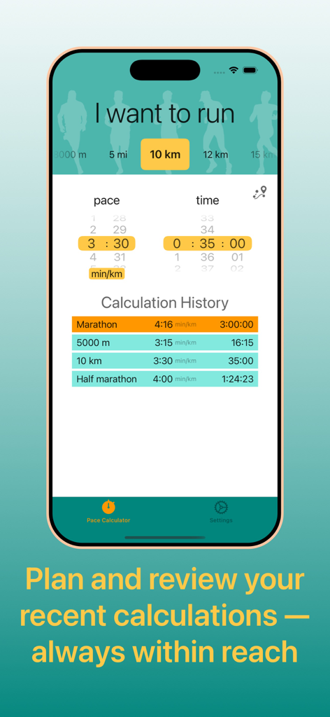 I Want to Run: Race Pace Calc - Interface of the I Want to Run app displaying a history of race pace and time calculations for marathon and 5k