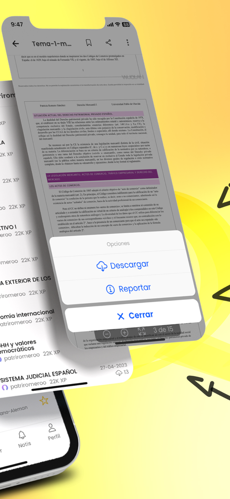 Wuolah: Apuntes & Educación - Interface mobile de l'application Wuolah montrant un menu avec des options pour télécharger des notes d'étude partagées par des pairs