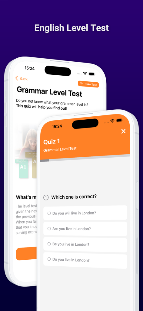 English Grammar Test PRO - English Grammar Level Test quiz interface on a mobile app