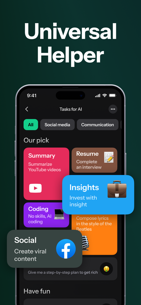 ChatVision - AI Chatbot Expert - ChatVision app interface displaying AI task modules for video summary resume building and social media content creation