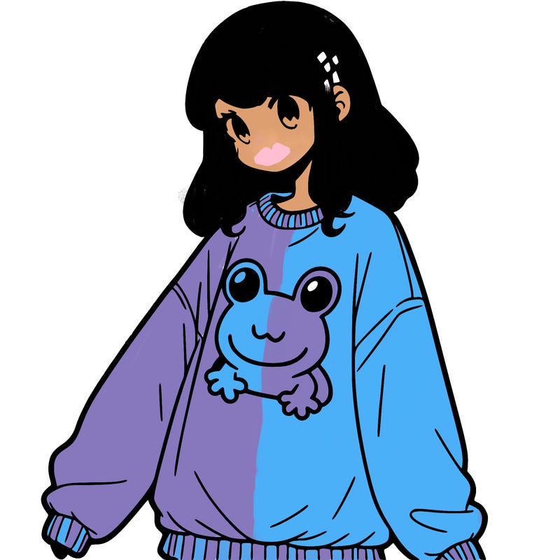 girl wearing frogging sweatshirt
