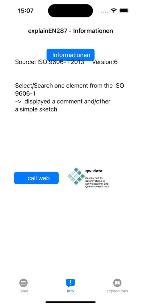 L'écran d'information de l'application explainISO9606 affichant la version des normes ISO et les détails de la source.