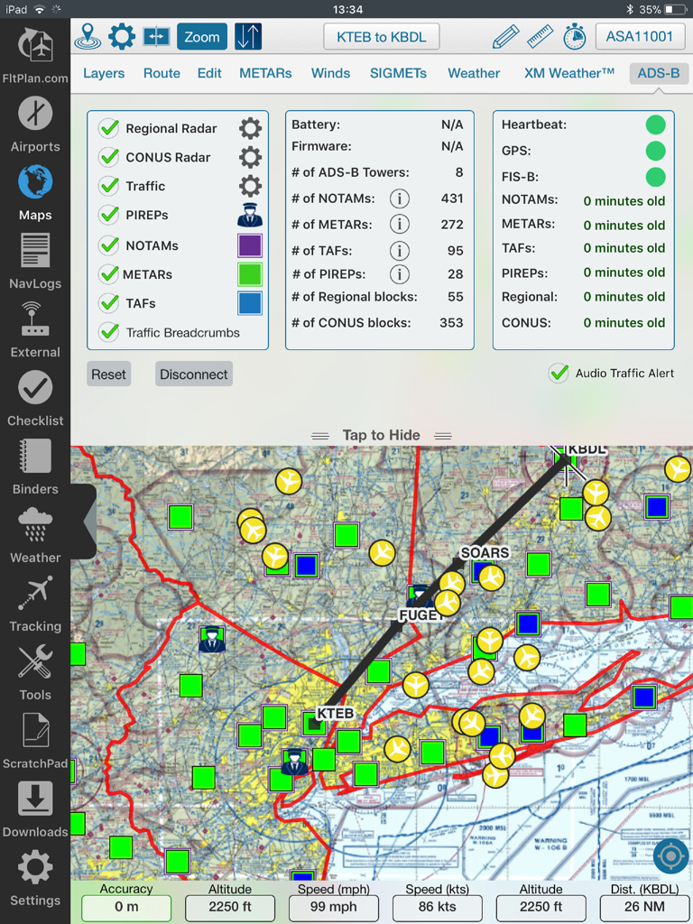 FltPlan Go - FltPlan Go iPad interface displaying a moving map with flight path, weather overlays, and ADS-B status data.