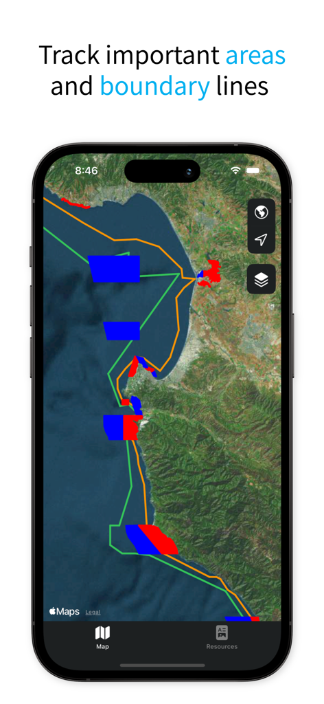 CA FishMap - CA FishMap app interface showing fishing boundary lines and marine protected areas on a coastal map