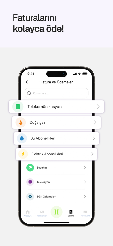 Parolapara: Para Gönder, Harca - Parolapara mobile app bill payment screen with utility categories