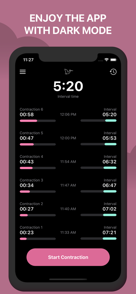 Interface do aplicativo contador de contrações Storky mostrando o registro histórico no modo escuro.