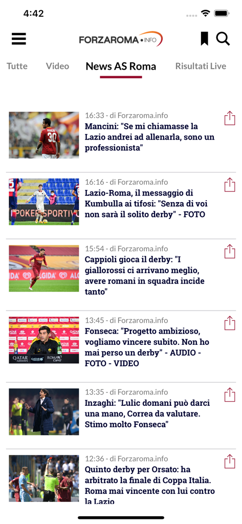 Forzaroma mobile app news feed showing AS Roma soccer headlines and articles