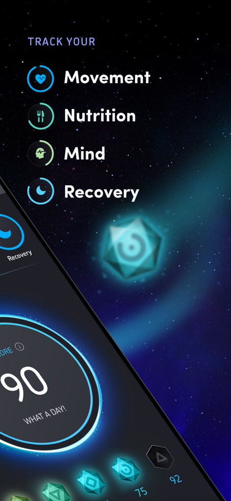 Humanity app interface showing health tracking categories for movement, nutrition, mind, and recovery with a daily score of ninety