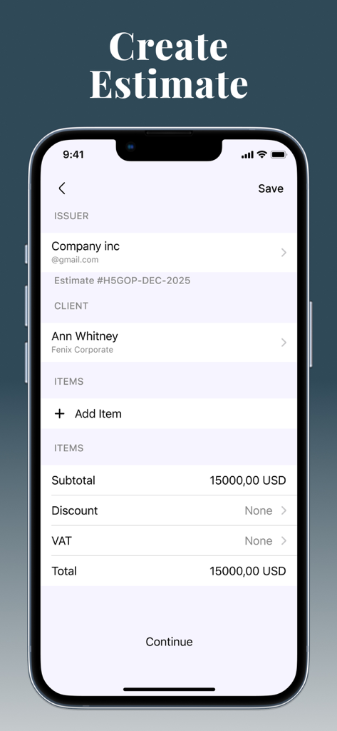 Invoice Maker - PDF & Billing - Pantalla de iPhone mostrando la creación de un presupuesto comercial profesional con detalles del emisor y del cliente