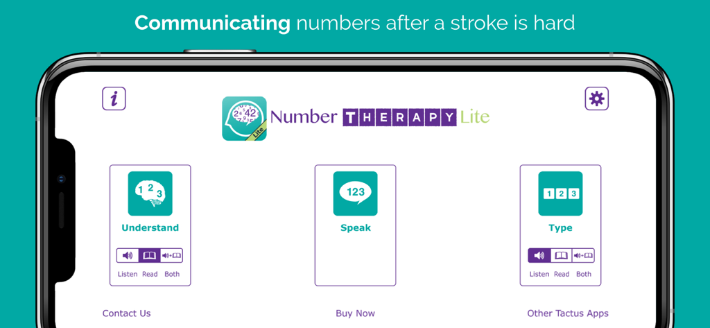 Main menu of the Number Therapy Lite app showing Understand Speak and Type activity modules