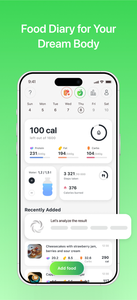 SnapDiet: AI Calorie tracker - SnapDiet 모바일 앱 대시보드는 일일 칼로리 섭취량, 다량 영양소 분석 및 음식 일기 기록을 표시합니다.