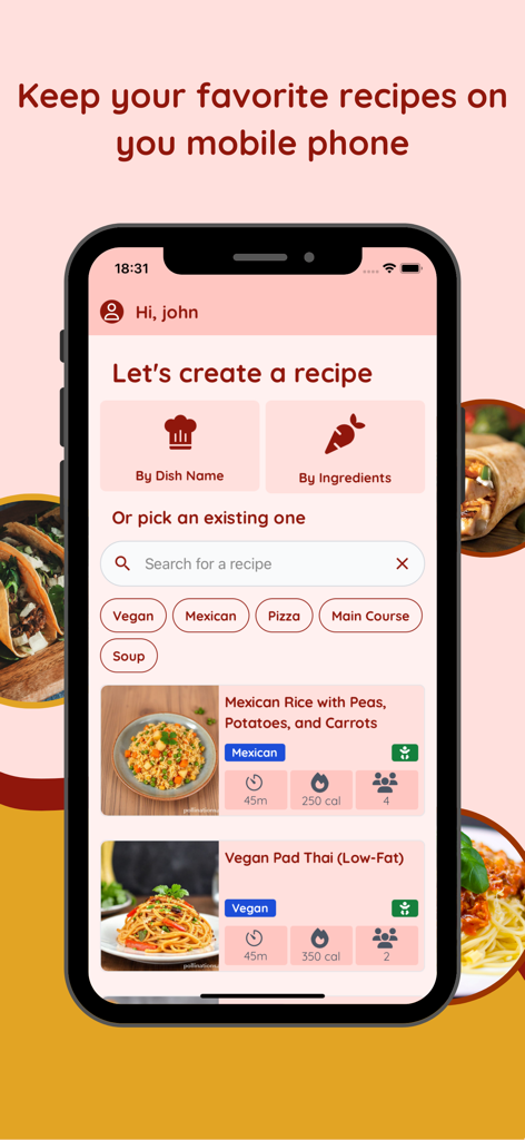 CookAI: AI Recipe Generator - CookAI mobile app screen showing options to create recipes by dish name or ingredients with a list of personalized healthy meals.