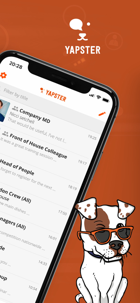 Yapster app chat screen showing team conversations and a dog mascot wearing sunglasses on an orange background.