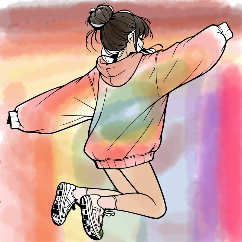 realistic girl jumping with a bun and oversized sweatshirt