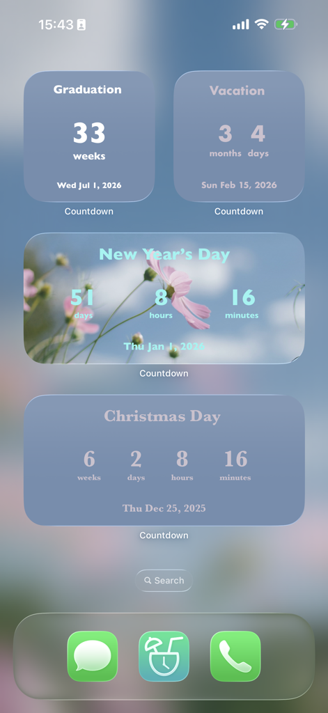 Une collection de widgets esthétiques de l'application Countdown sur un écran d'accueil d'iPhone comptant les jours jusqu'à la remise des diplômes, les vacances et les fêtes