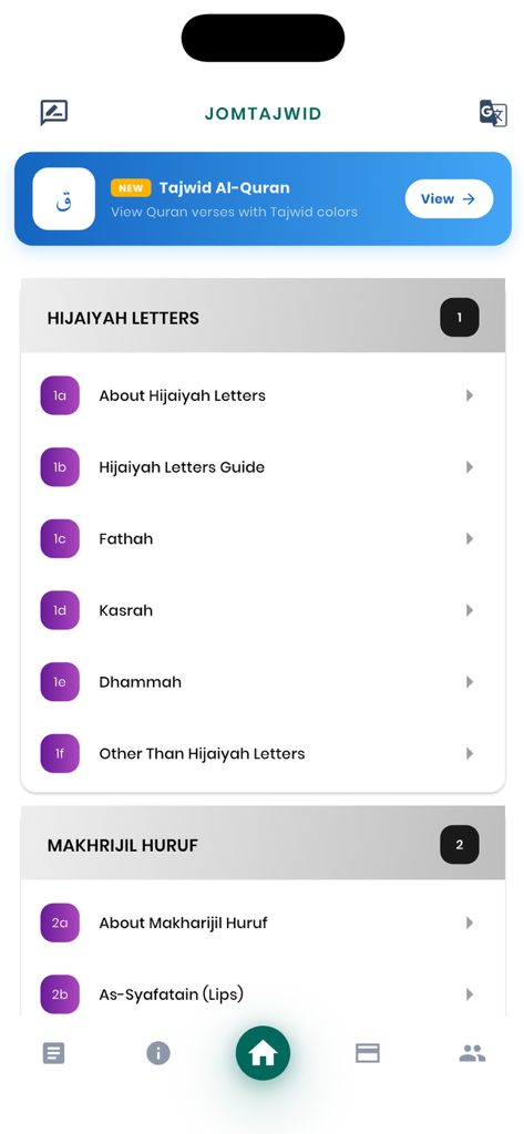 JomTajwid - JomTajwid app screen showing a list of lessons for Hijaiyah letters and Quranic pronunciation rules.