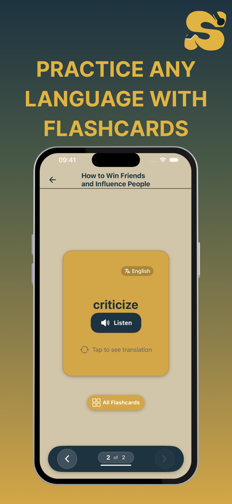 English Book Read : Storifine - Mobile app screen showing a vocabulary flashcard for the word criticize as part of a language learning feature