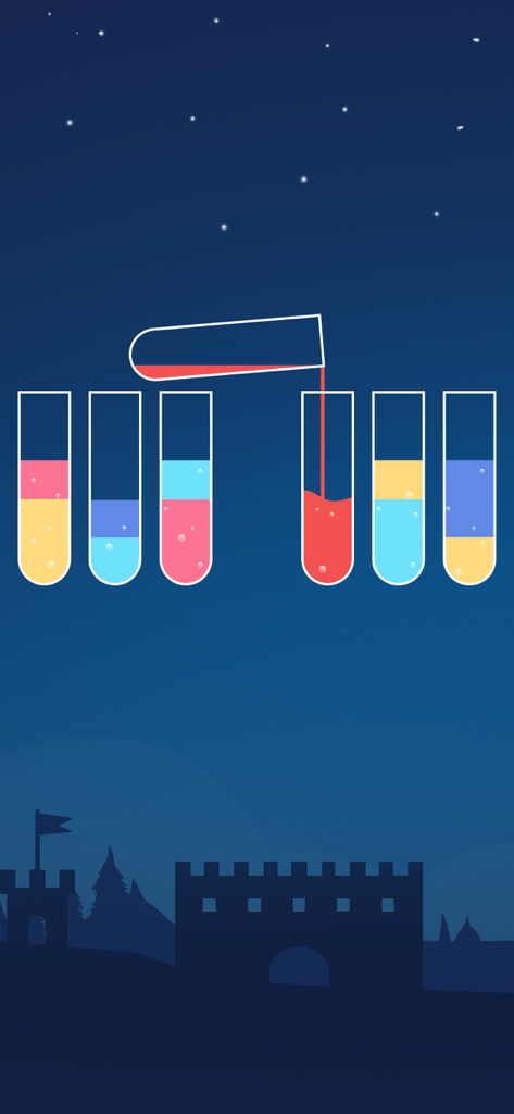 Water Sort Puzzle - 夜空と城の背景でWater Sort Puzzleゲームのガラス管の間で注がれる着色された液体