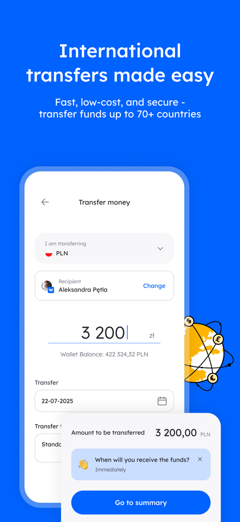 Interface of the Walutomat app showing an international money transfer in Polish Zloty