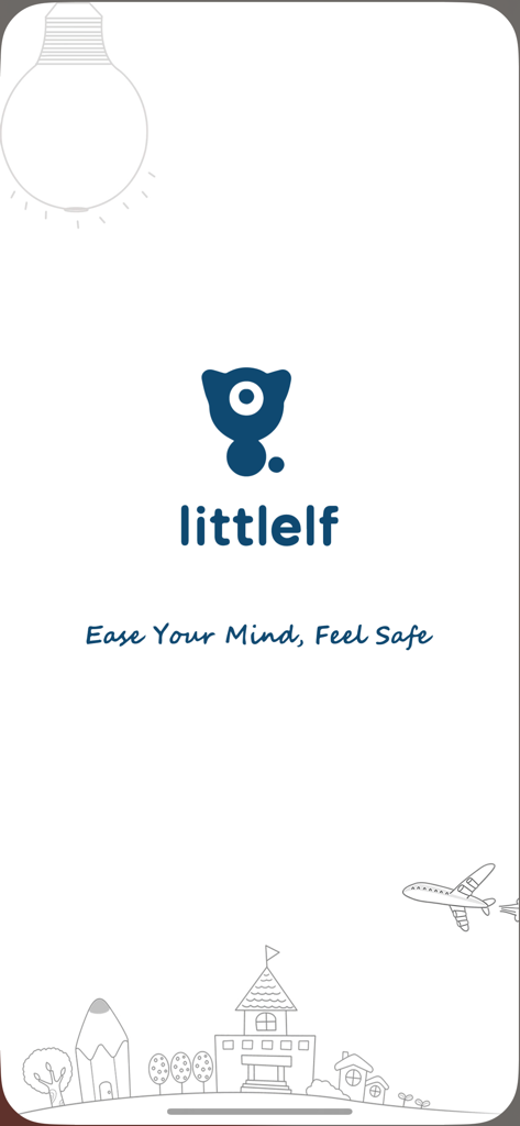 Pantalla de inicio de la aplicación Littlelf Smart con el logo de la empresa y el eslogan "Ease Your Mind Feel Safe" (Tranquilízate, Siéntete Seguro).