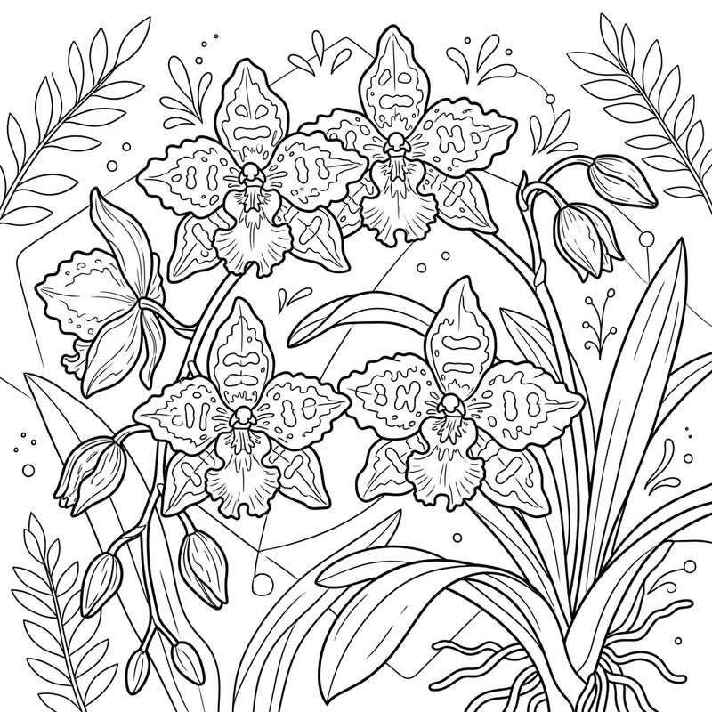 Dive into the vibrant world of orchids with this captivating coloring page featuring magnificent Odontoglossum blooms. Designed especially for kids aged 4-8, it offers a perfect blend of botanical beauty and creative fun.