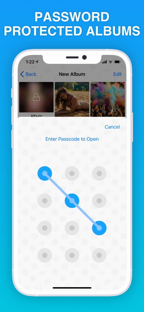 Safe Lock - Hidden Photo Vault - Captura de pantalla de la aplicación Safe Lock que muestra el bloqueo de patrón para álbumes protegidos por contraseña